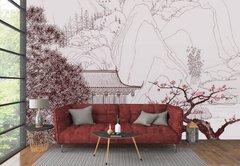 Desen de peisaj japonez cu sakura
