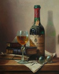 Still life with wine and books