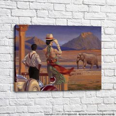 O fată cu pălărie și un bărbat pe fundalul unui elefant și al unui munte