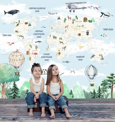 Карта мира детская, на русском, шары, самолеты и горы