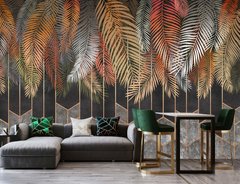 Ramuri de palmier multicolore pe un fundal întunecat cu modele geometrice