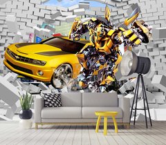 Желтый гоночный автомобиль и трансформер на фоне кирпичной стены