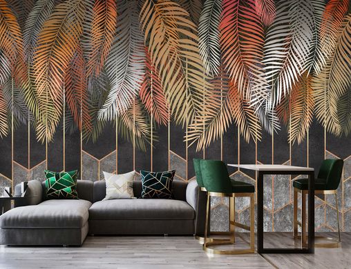 Разноцветные пальмовые ветви на темном фоне с геометрическими узорами