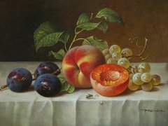 Still life with peaches plums and grapes
