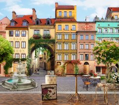 Fațade ale orașului european și o fântână pe o piață pavată