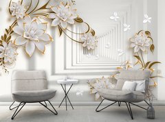 Flori 3D albe aurii, tunel gri