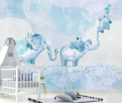 Familie de elefanți pe fundal abstract turcoaz