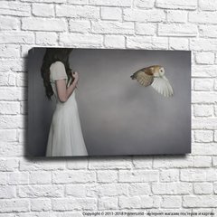 Девушка в белом платье и сова на фоне