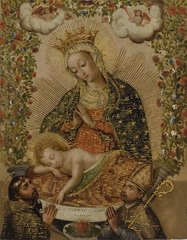Fecioara Maria adorând Pruncul Hristos cu doi sfinți