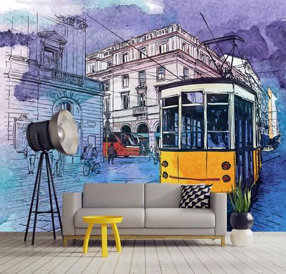 Желтый трамвай на фиолетово синем фоне городского пейзажа