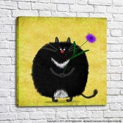 Pisică neagră rotundă cu o floare