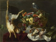 Натюрморт с фруктами, мертвой дичью и попугаем