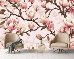 Flori roz de magnolie înfloritoare pe ramuri