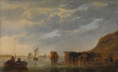 Пастух с пятью коровами у реки