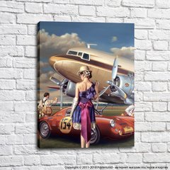 Fată într-o rochie pe fundalul unei mașini sport și al unui avion