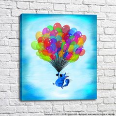 Pisica albastră care zboară pe un braț de baloane