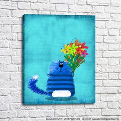 Pisica albastra cu un buchet de flori colorate