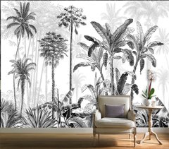 Pădure tropicală în stil schiță, monocrom alb-negru