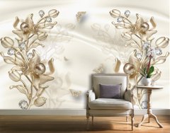 Tapet foto 3D, flori de perle și fluturi pe un fundal de mătase