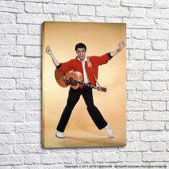 Elvis Presley cu o chitară pe un fundal bej