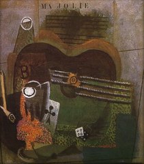 Pipă, sticlă, carte de joc, chitară, 1914.