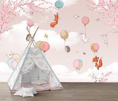 Animale din pădure pe baloane și flori de sakura