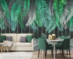 Ramuri verzi de palmier pe un fundal întunecat cu modele geometrice