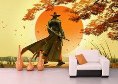 Samurai într-o mantie pe fundalul unui apus portocaliu