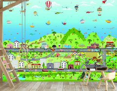 Peisaj urban pentru copii cu animale și diferite tipuri de transport
