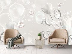 Фотообои 3Д, белые тюльпаны и бабочки на белом фоне