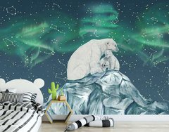 Белая медведица и медвежата на синем фоне неба с северным сиянием
