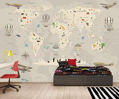 Harta lumii pentru copii in culori bej cu avioane si baloane