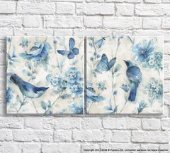 Голубые бабочки и птички на фоне цветов, диптих