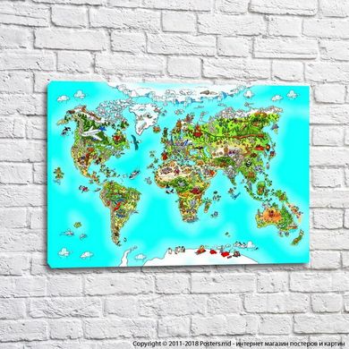 Harta lumii pentru copii cu animale pe fundal albastru