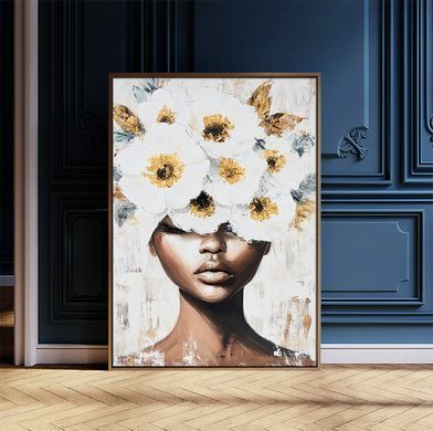 Femeie africană cu un buchet de flori albe, &icirc;n stil grunge