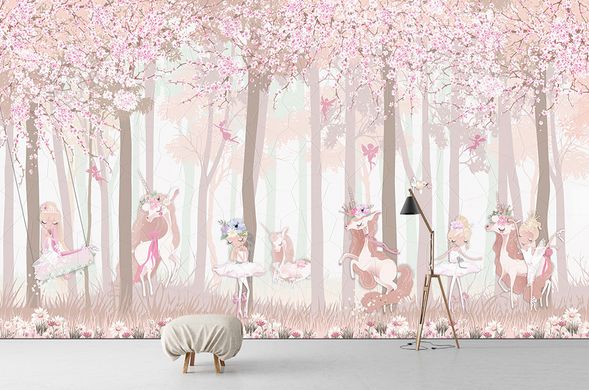 Маленькие принцессы с единорогами в розовом лесу