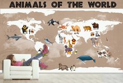 Абстрактная карта мира с животными из разных стран на кофейном фоне