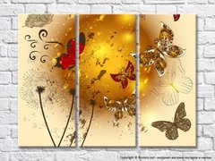 Бабочки и одуванчики на бежевом фоне с золотым солнцем