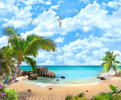 Фреска пляж с пальмами и чайками