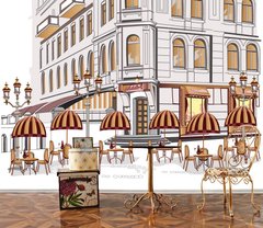 Cafenea stradală cu mese pe fundalul fațadei clădirii
