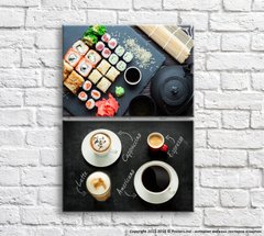 Суши и кофе на черном фоне, диптих