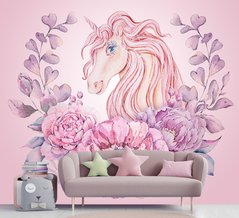 Portretul unui unicorn pe un fundal roz și o coroană de flori