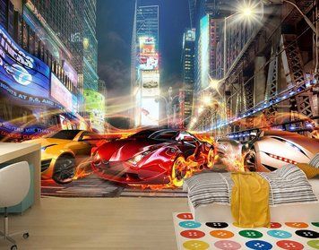 Гоночные авто на фоне ночного города с фейерверками