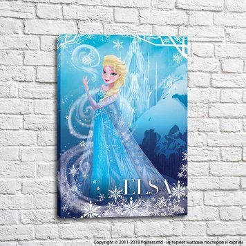 Prințesa Elsa pe fundalul unui castel și fulgi de nea