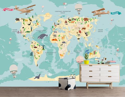 Harta lumii copiilor continentelor galbene pe fundal turcoaz