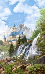 Фреска водопады, камни и замок