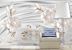 Tapet foto 3D, flori albe de perle și lebede pe un fundal de mătase și apă