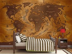 Абстрактная карта с названиями континентов и рисунками на коричневом фоне