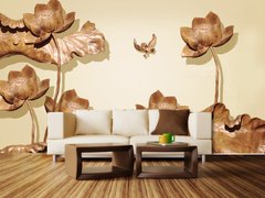 Фотообои 3Д коричневые деревянные цветы на светлом бежевом фоне