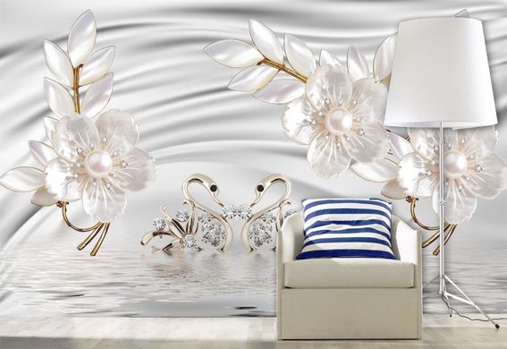 3Д фотообои, белые жемчужные цветы и лебеди на фоне шелка и воды